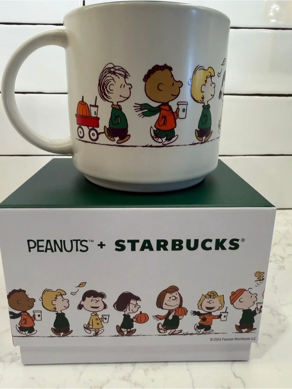 Starbucks Peanuts White Ceramic Mug with Green Interior